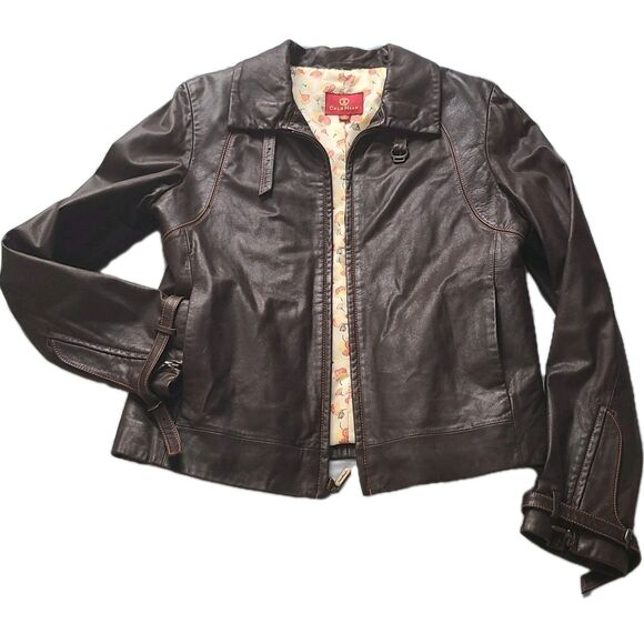 Cole Haan Vintage Brown Leather Bomber Biker Jacket  Thermal womens sz S Small - Picture 1 of 12